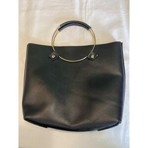 Tribe Alive Black Leather Tote Bag Gold Metal Ring Handle Minimalist Handbag
